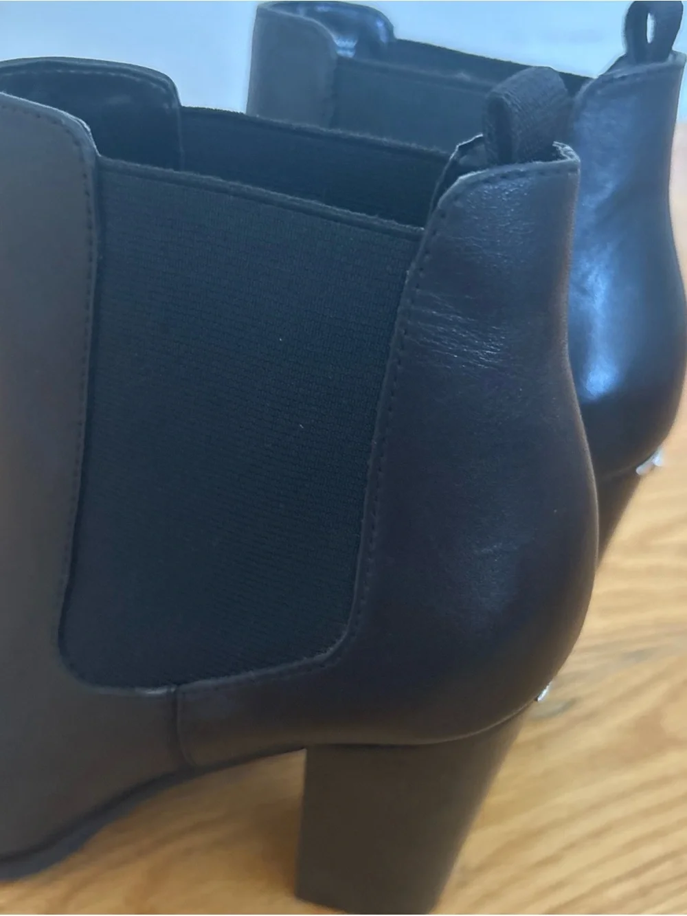 Michael Kors Black Leather Chelsea Block Heel Booties with Metal Accent